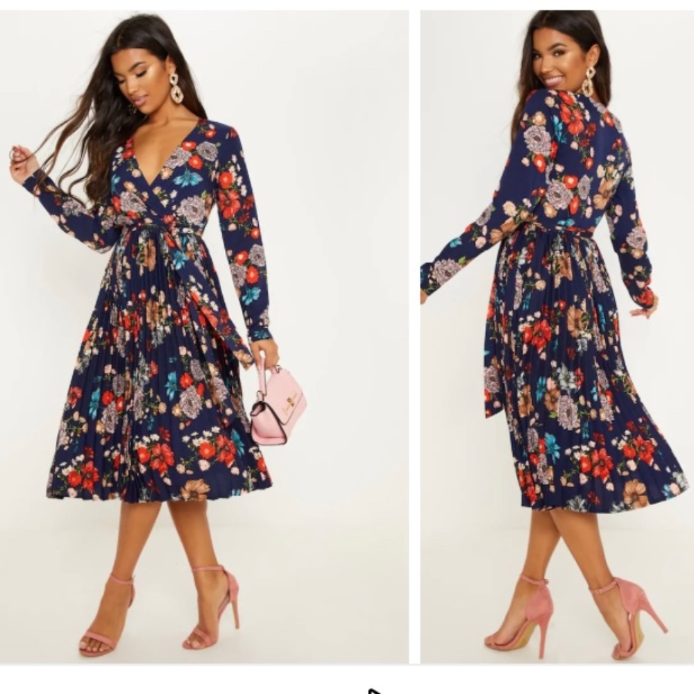 Navy with multi color flowers midi dress